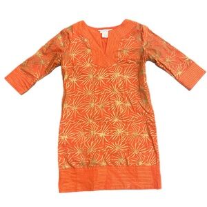 Gretchen Scott designed XS orange and gold tunic dress 3/4 sleeves pockets